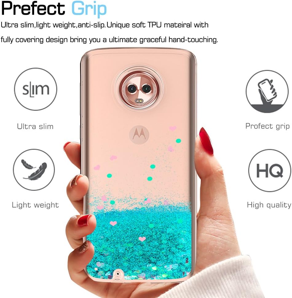 LeYi Moto G6 Glitter Case with HD Screen Protector for Girls Women, Shiny Bling Moving Liquid Quicksand Clear TPU Protective Phone Case for Motorola Moto G6 ZX Turquoise