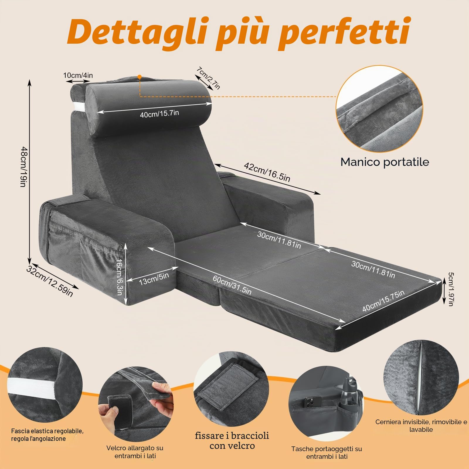 Grande cuscino da lettura con cuscino cervicale rimovibile e bracciolo, ossa di lettura per adulti con rivestimento lavabile a fibra lunga, cuscino ergonomico per schienale per la lettura