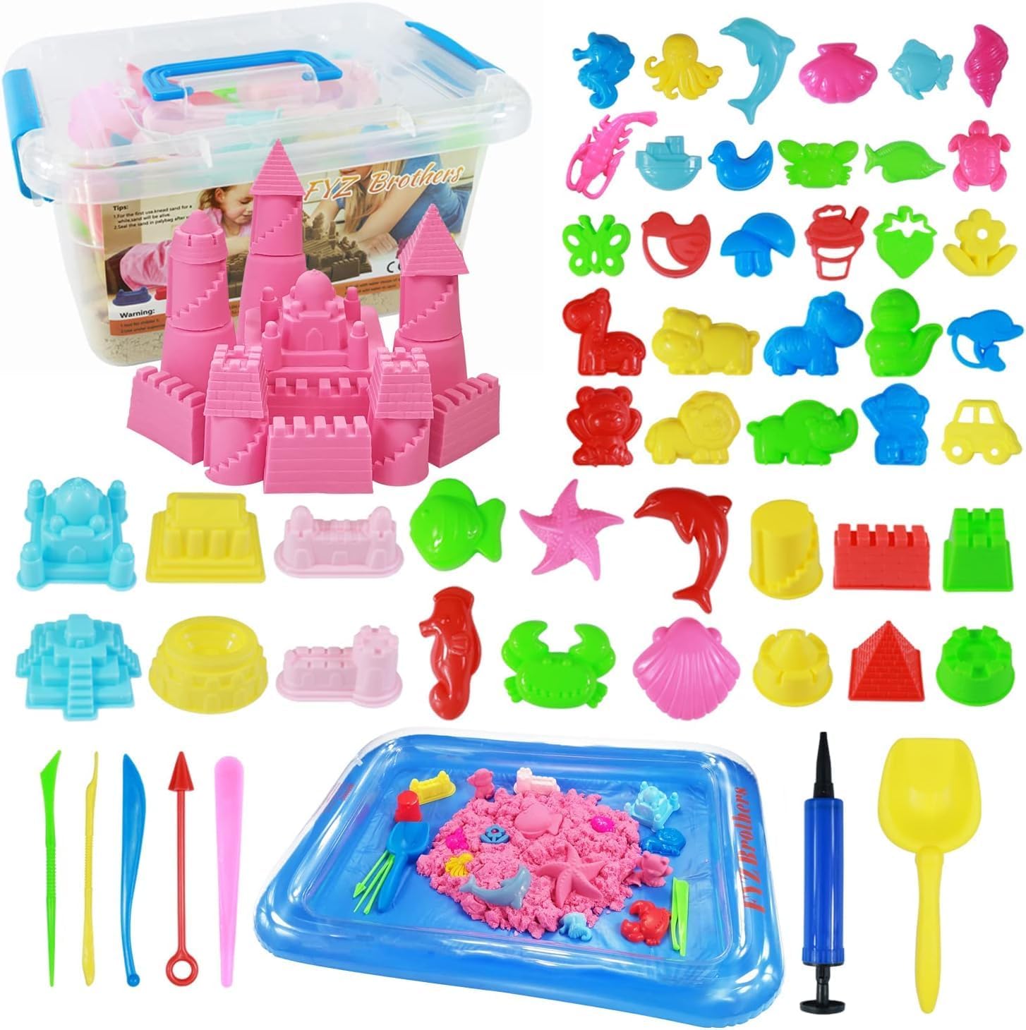 YLMKDE Kids Play Sand Set - 2 Lbs of Magic Sand for Children Activities Age 3+, Sandbox Toys for Boys Girls, DIY Sensory Toys With Inflatable Tray and Storage Box