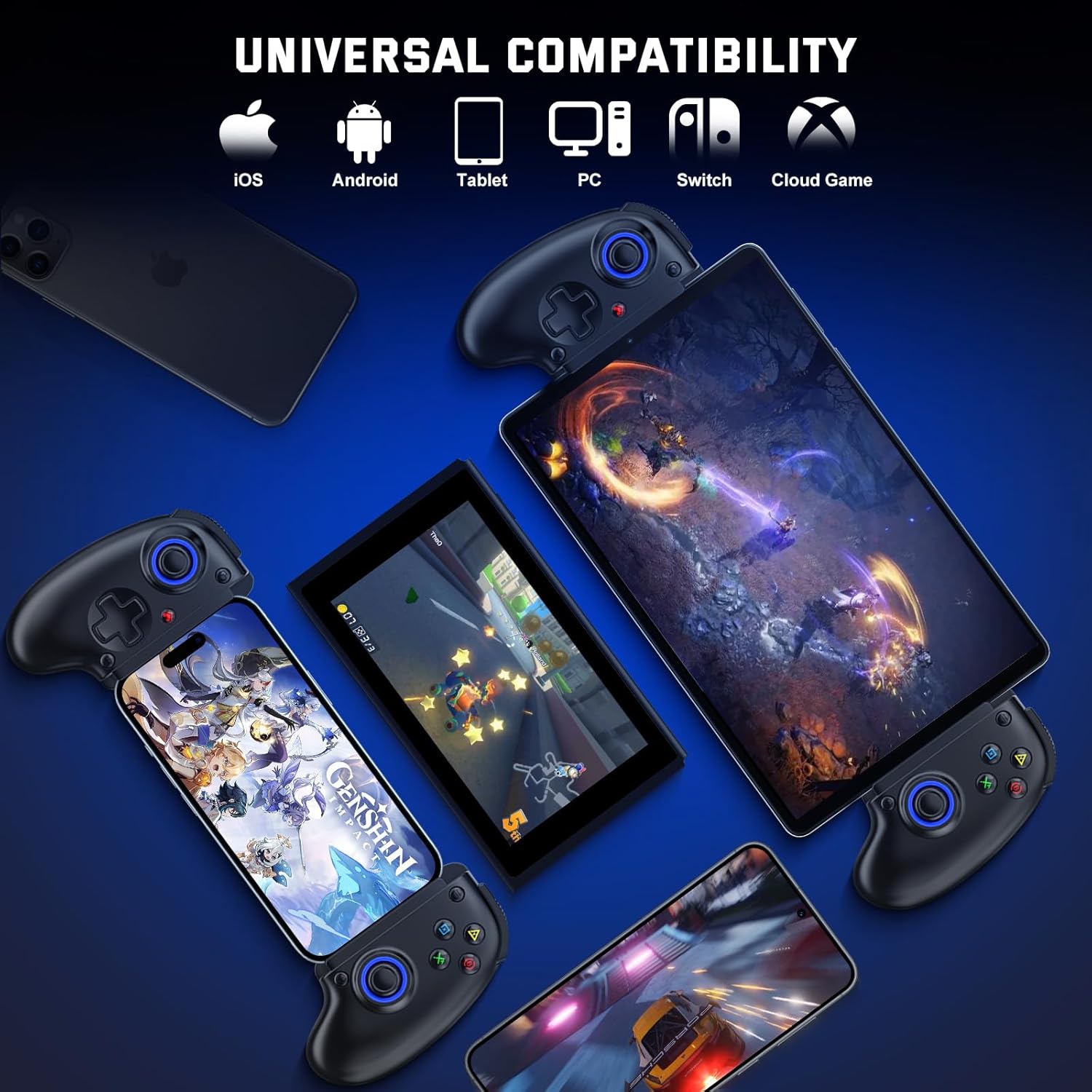 Universal compatibility of the Koiiko controller with various devices like iPhone, Android phone, tablet, PC, and Nintendo Switch