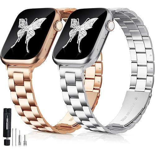 2 Pack Slim Metal Bands Compatible with Apple Watch 38/40/41mm 42/44/45/49mm SE Ultra Series 9/8/7/6/5/4/3/2/1, Thin Stainless Steel Replacement Adjustable Wristband Strap for Women