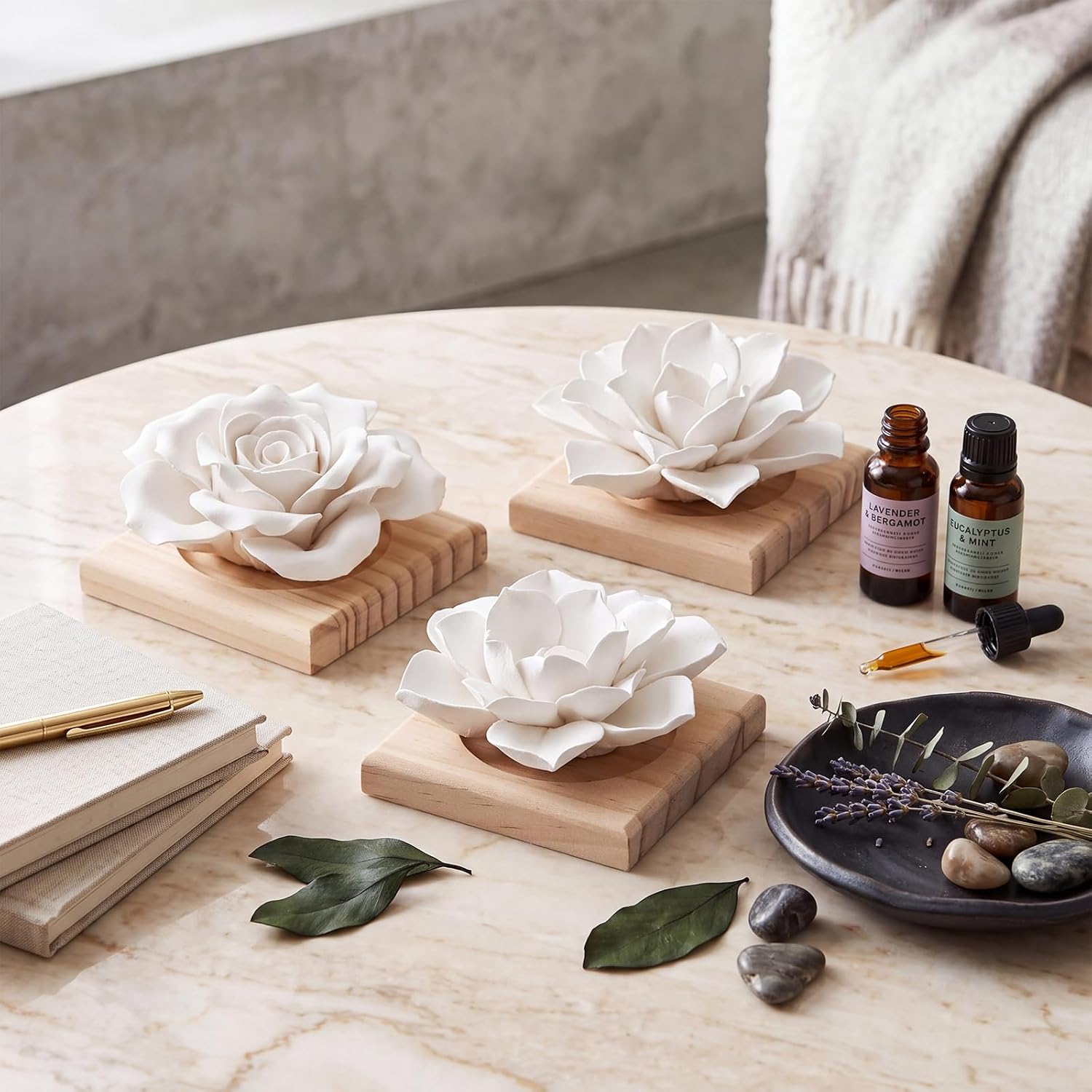 3 Pcs Passive Essential Oil Diffuser Stone Set, Magnolia Lotus Rose Flower Passive Diffusers with Wood Base for Car, Desk, Bedroom, Home Decor Gift, No Essential Oil (Natural Wood Tone) image 3