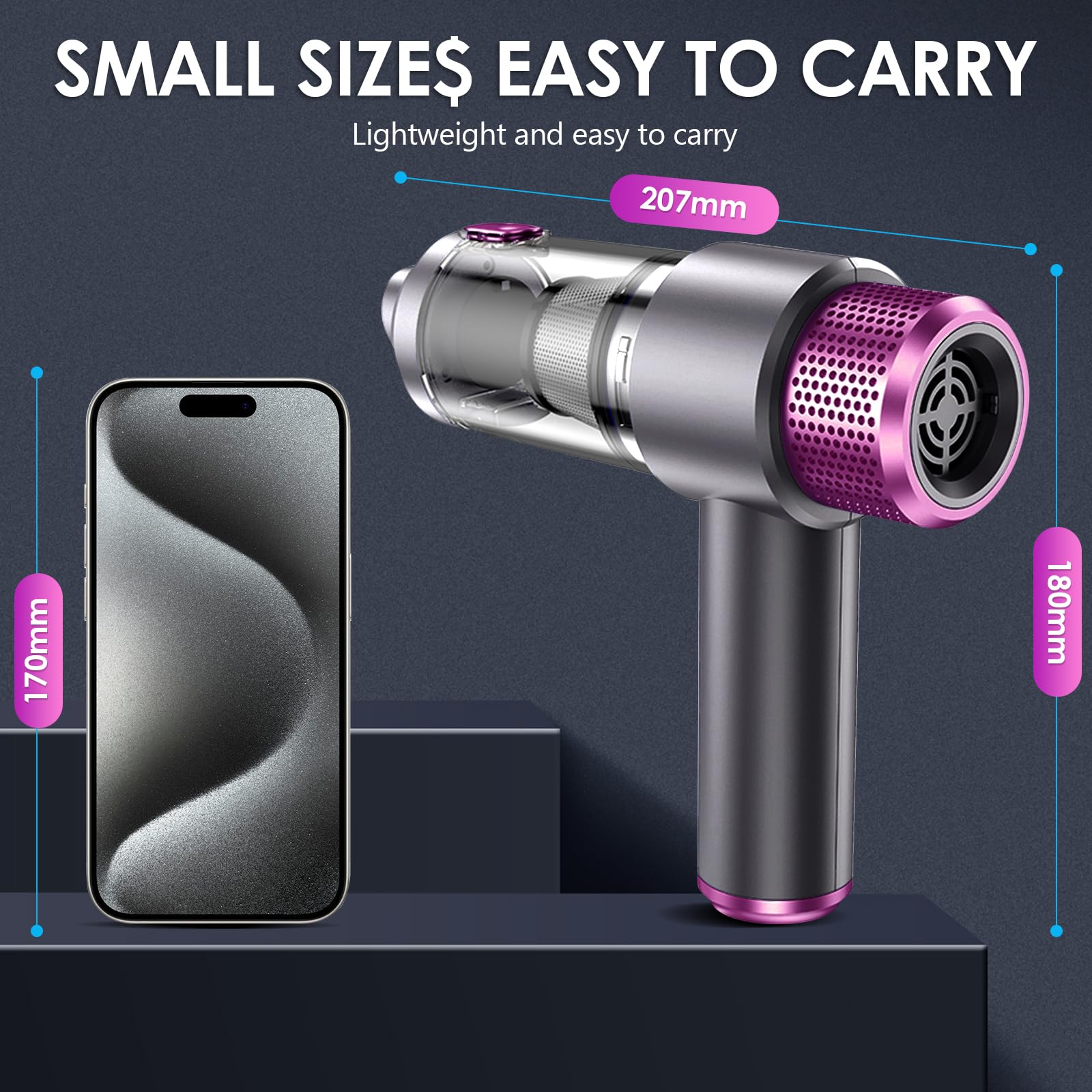 Anluomania Mini Aspirador de Mano Potente, 4 en 1 Aspirador Coche Potente 6500Pa, USB Recargable, Aspiradora de Mano Sin Cable, Recargable para Coche y Limpieza De Pelo De Mascota