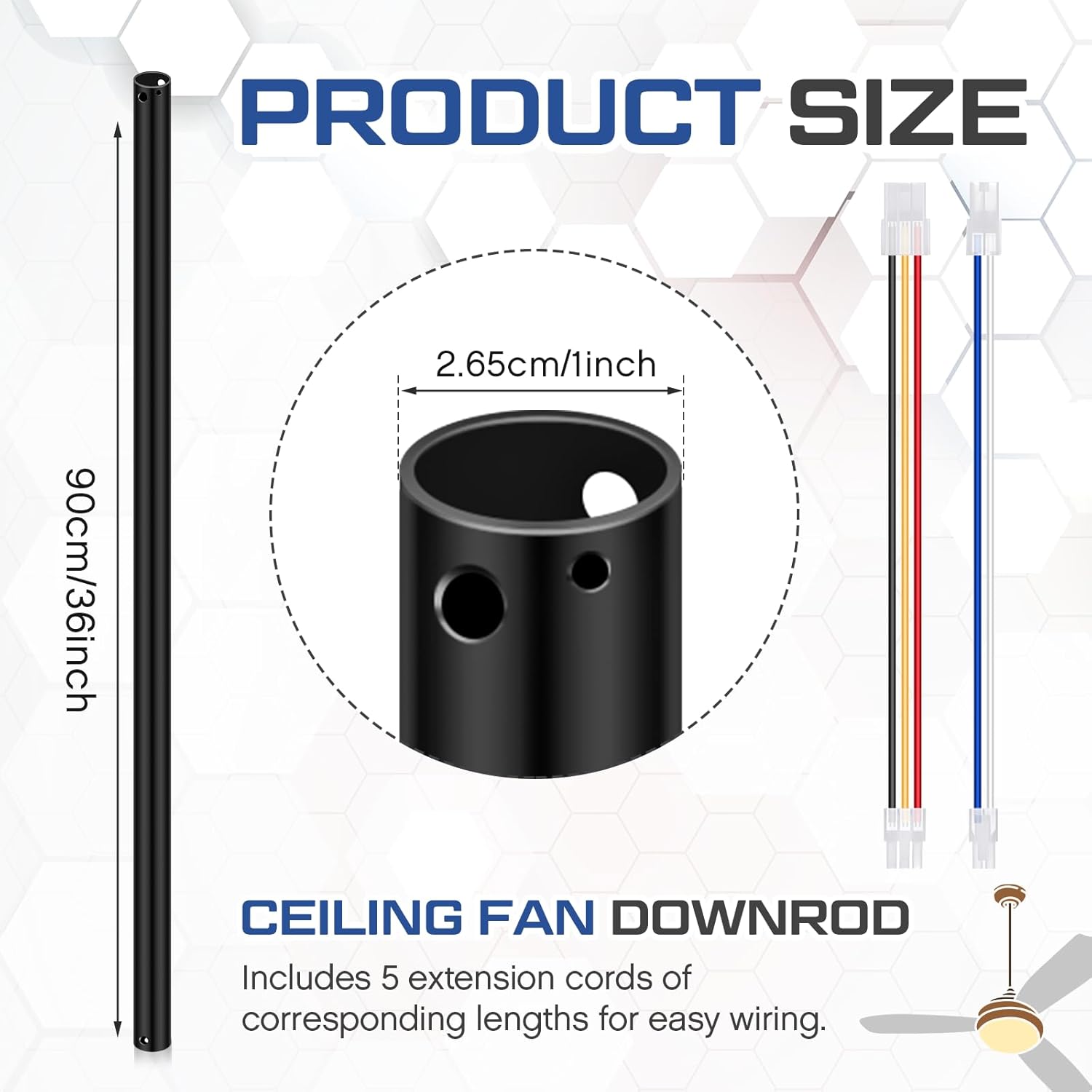 VIHOSE 36 Inch Ceiling Fan Downrod with Extension Cord 3 ft Black Downrod for Ceiling Fan 1 Inch Outside Diameter Not Threaded Suitable for a Wide Range of Fans