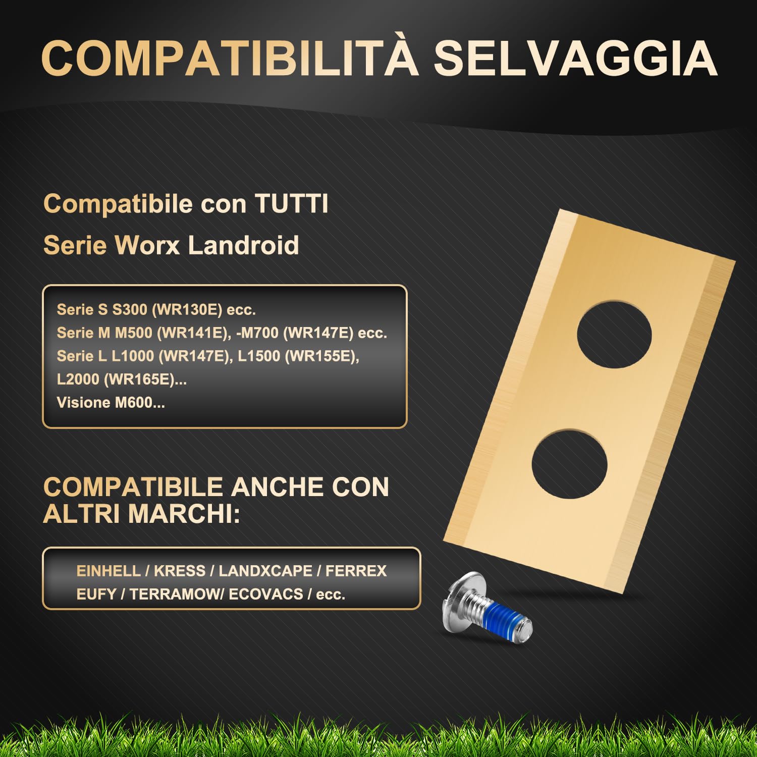 Set di 36 lame compatibili con TUTTI i robot rasaerba Worx Landroid, LandXcape, Einhell, Eufy, TerraMow, ECOVACS, coltelli di ricambio durevoli in titanio, comprese viti con rivestimento di sicurezza