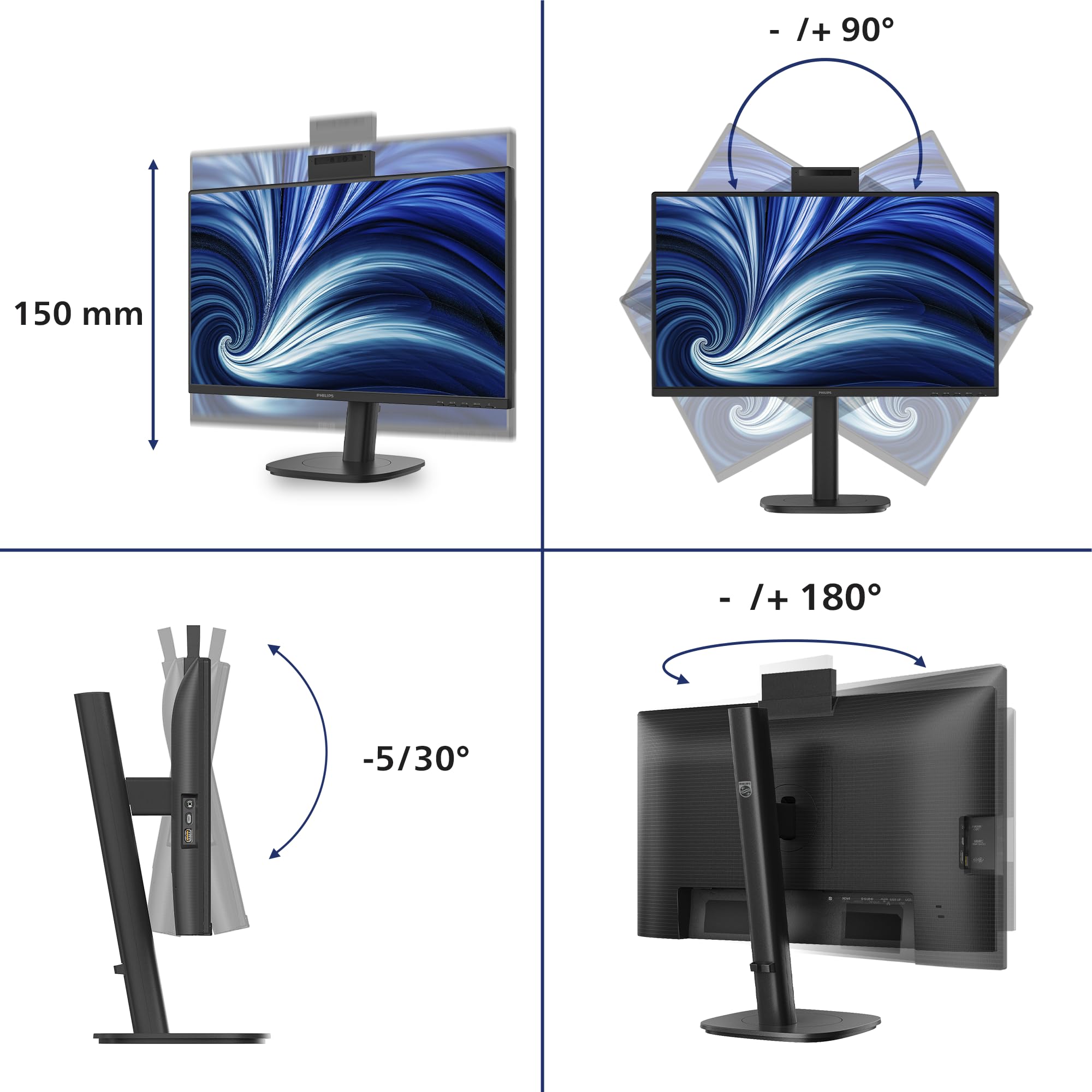Philips Monitor 24B2N3200JH 24 pollici 1920x1080, FHD, 120Hz, IPS Panel, 4ms GtG, USB HubWebcam, Speakers, Height Adjustment, (HDMI1x 1.4 DP 1x 1.2) Nero