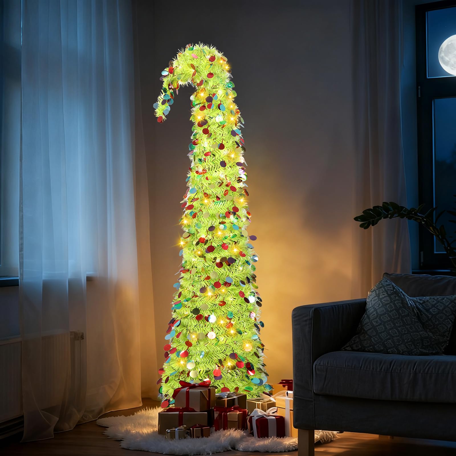 5 FT Whimsical Christmas Tree with Lights, Pop Up Christmas Tree Collapsible Artificial Pencil Tree Holiday Decoration for Home, Apartment, Office,