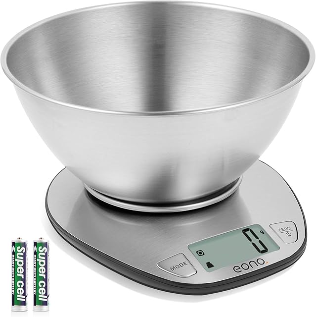 Amazon Brand - Eono Electronic Kitchen Scale Premium Large Display Backing Scale Wet and Dry Food Weighing Scale with Stainless Steel Mixing Bowl - 5kg