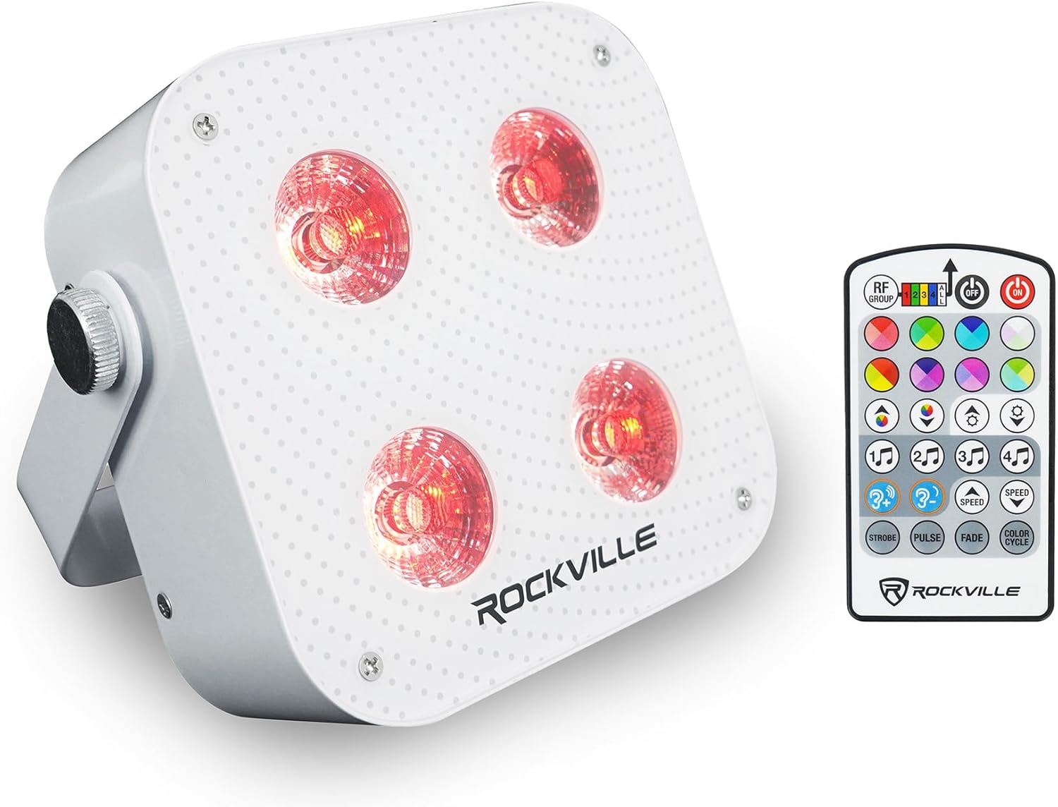Rockville MINI RF4 V2 White LED Wash Up Light RGBWA+UV, Compact, App, Remote Control, LCD, Wireless DMX, Rechargeable, Perfect for DJ/Party Lighting