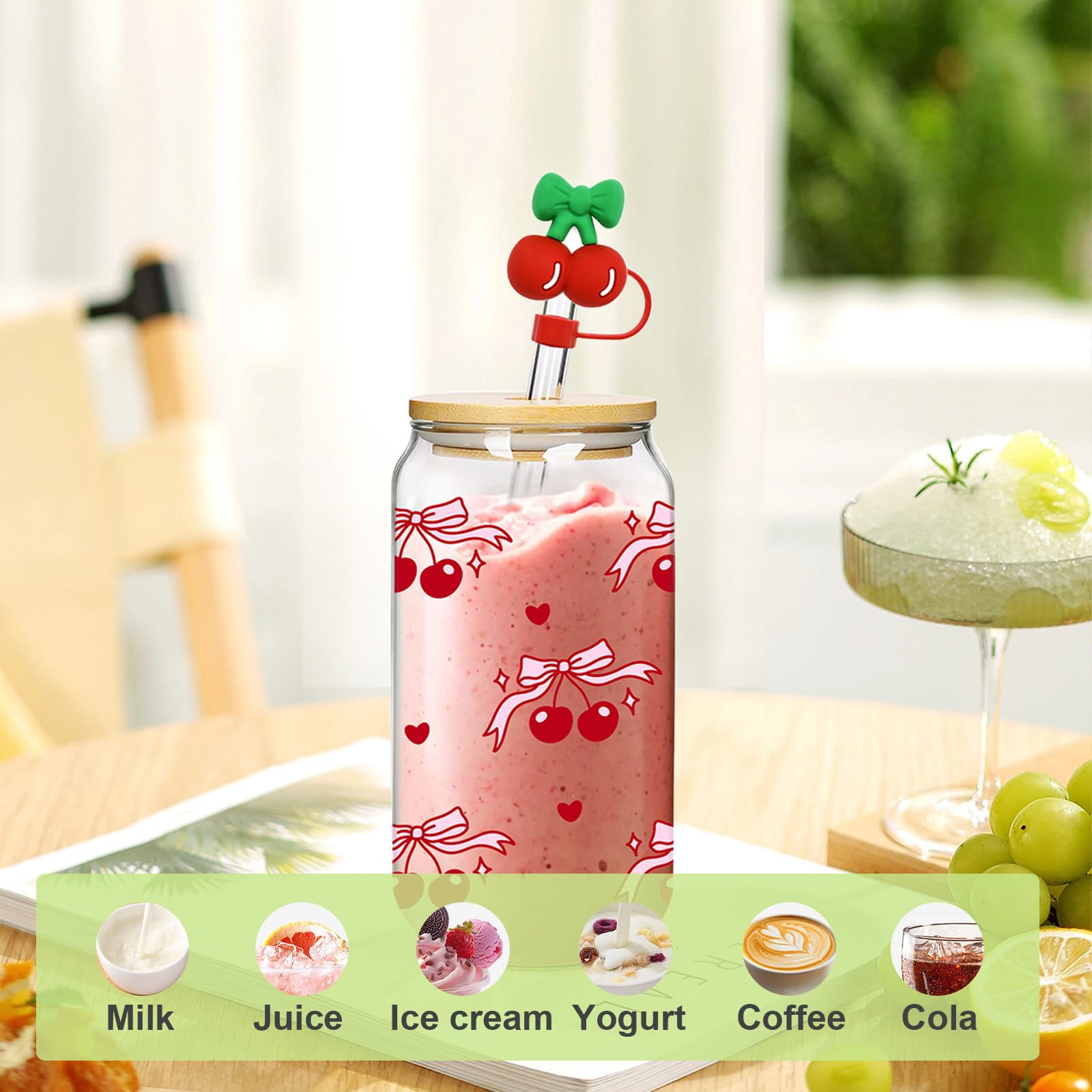 Mason Life Glass Cups with Lids and Straws, Pink Cherry Iced Coffee Cup,Decorative Cherry Design - Image 4
