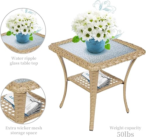 Miniatura 8 de Belord Juego de muebles de patio de 3 piezas  Juego de sillas giratorias de bistró con mesa auxiliar de ratán, mimbre naturalcojín beige