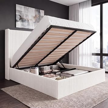 Allewie Queen Lift-Up Storage Bed Frame, Corduroy Wingback Headboard, White | Upholstered Platform Bed, Smooth Hydraulic Lift with Hand Strap, Spacious Underbed Storage, Wood Slats, No Box Spring Needed