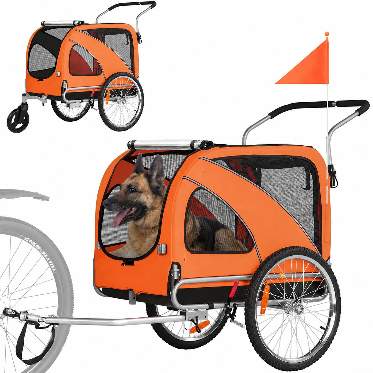 2 in 1 Dog Trailer for Bike and Jogger, Dog Carrier for Dogs up to 30 kg, Foldable, with Brakes, Flag, Sign, Outdoor and Home Use, Easy to Assemble | Carrito de transporte para perros de hasta 40 kg, plegable, con frenos, banderín de señal, para uso en exteriores y