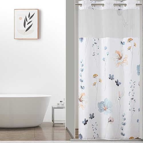 QiyI Cortina de ducha para cubículo con flores y forro a presión, cortinas de baño de flores de acuarela azul y beige, cortinas de ducha sin ganchos