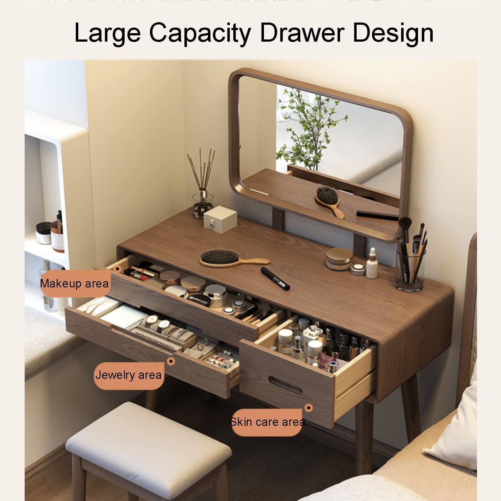 Amazon｜木製化粧台デスクセット, 高さ調節可能なミラー付き
