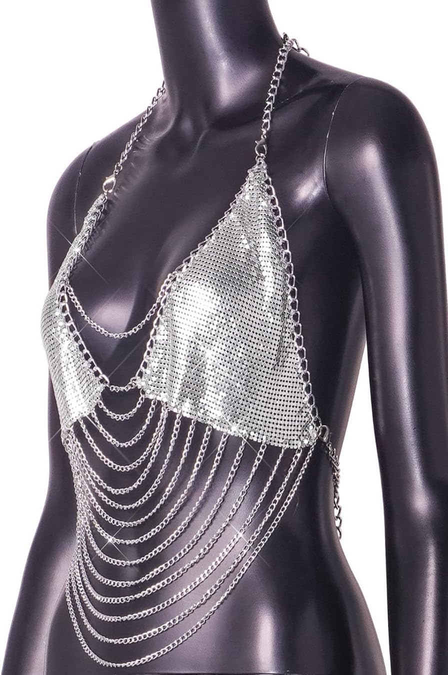 Sequin Tassel Silver Body Chain Halter Crop Tank Top Shirt Rhineston Crystal Bra Party Carnival Sparkly Backless Vest Body Jewelry for Women