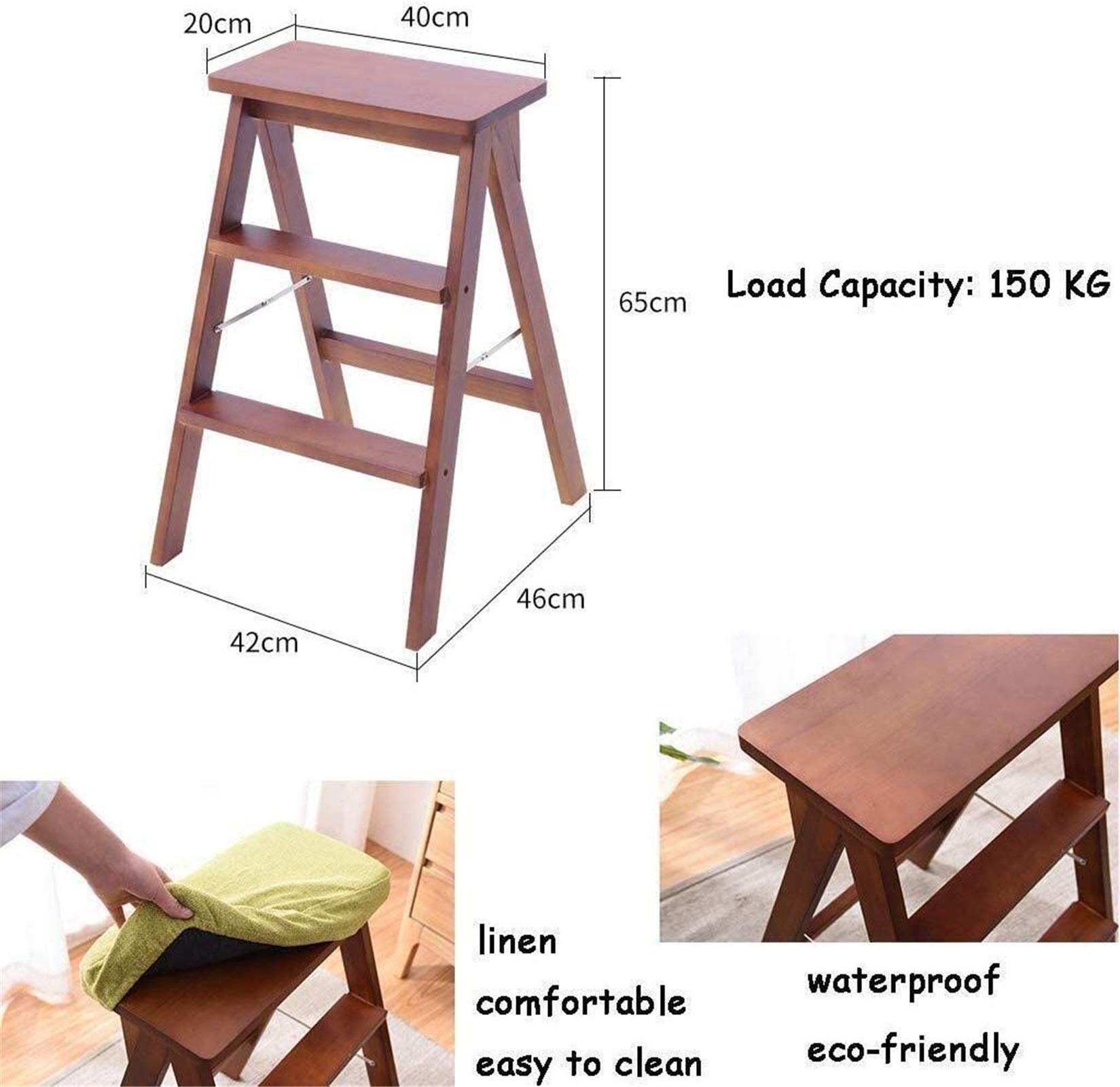 DASHADAO Taburete de Escalada para Interiores, Taburete de Escalera portátil, Taburete de Andador Plegable / 3 escaleras, Asiento de Esponja de Madera, Asiento de Esponja, Silla de Oficina,