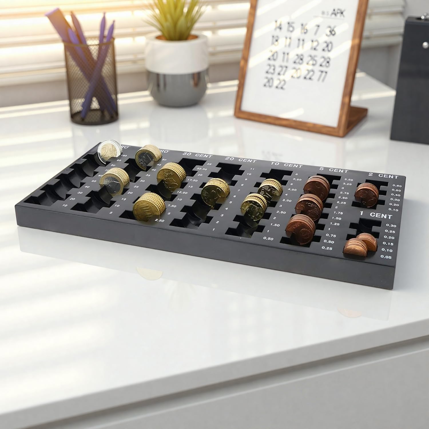 Clasificador de Monedas con 8 Compartimentos para Euros y Céntimos, Organizador Negro 33 x 18.5 x 2 cm