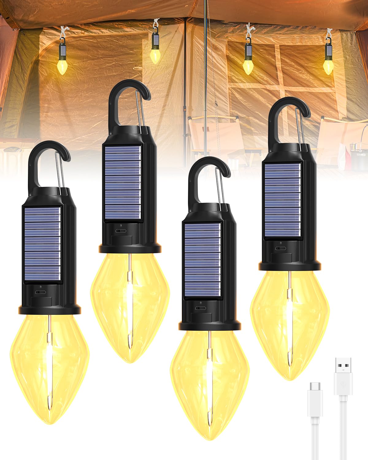 Rechargeable Camping Lamp, Solar Powered Camping Light for Tent, IP53 Waterproof Camping Lights, USB-C Charging Tent Lights for Camping, Hiking, Climbing, 4pcs