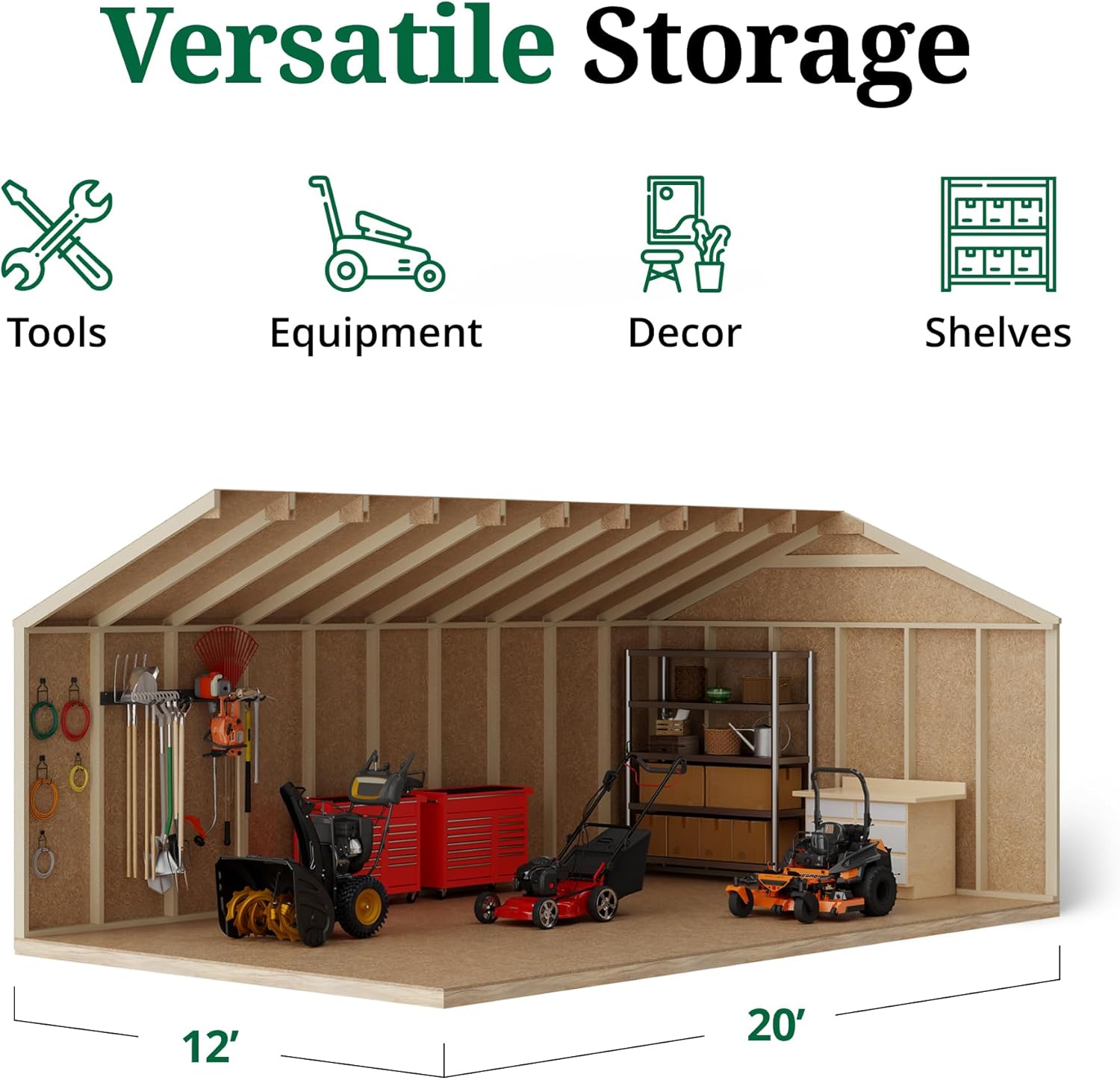 Interior view of the shed showing versatile storage for tools, equipment, decor, and shelves