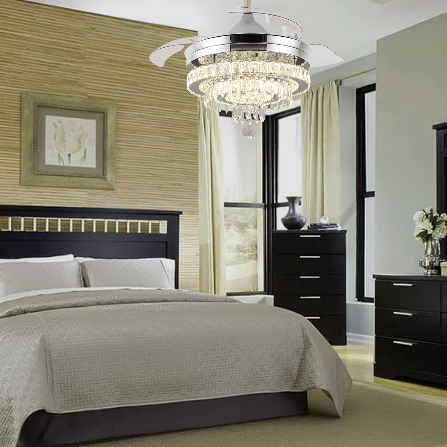 42" Dimmable Fandeliers Modern Crystal Chandeliers Ceiling Fans 6 Speeds Adjustable, with Memory and Timing Functions, APP & Remote Control Fandelier for Living Dining Room Bedroom