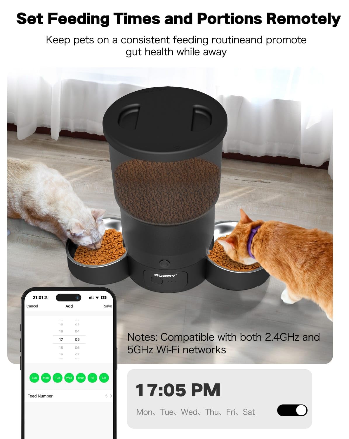 SURDY Automatic Cat Feeder with 5G WiFi, 20 Cups/5L Automatic Cat Food Dispenser for 2 Cats Smart Pet Feeder with APP Control for Remote Feeding (Black, 5L)