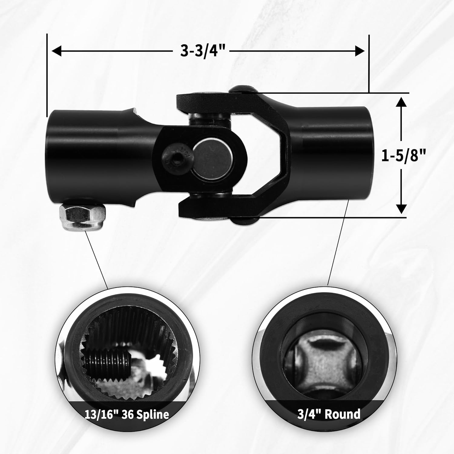 13/16" -36 Spline x 3/4" Round Black Steering Universal Joint Single U Joint Shaft,Total Length: 96mm (3-3/4")