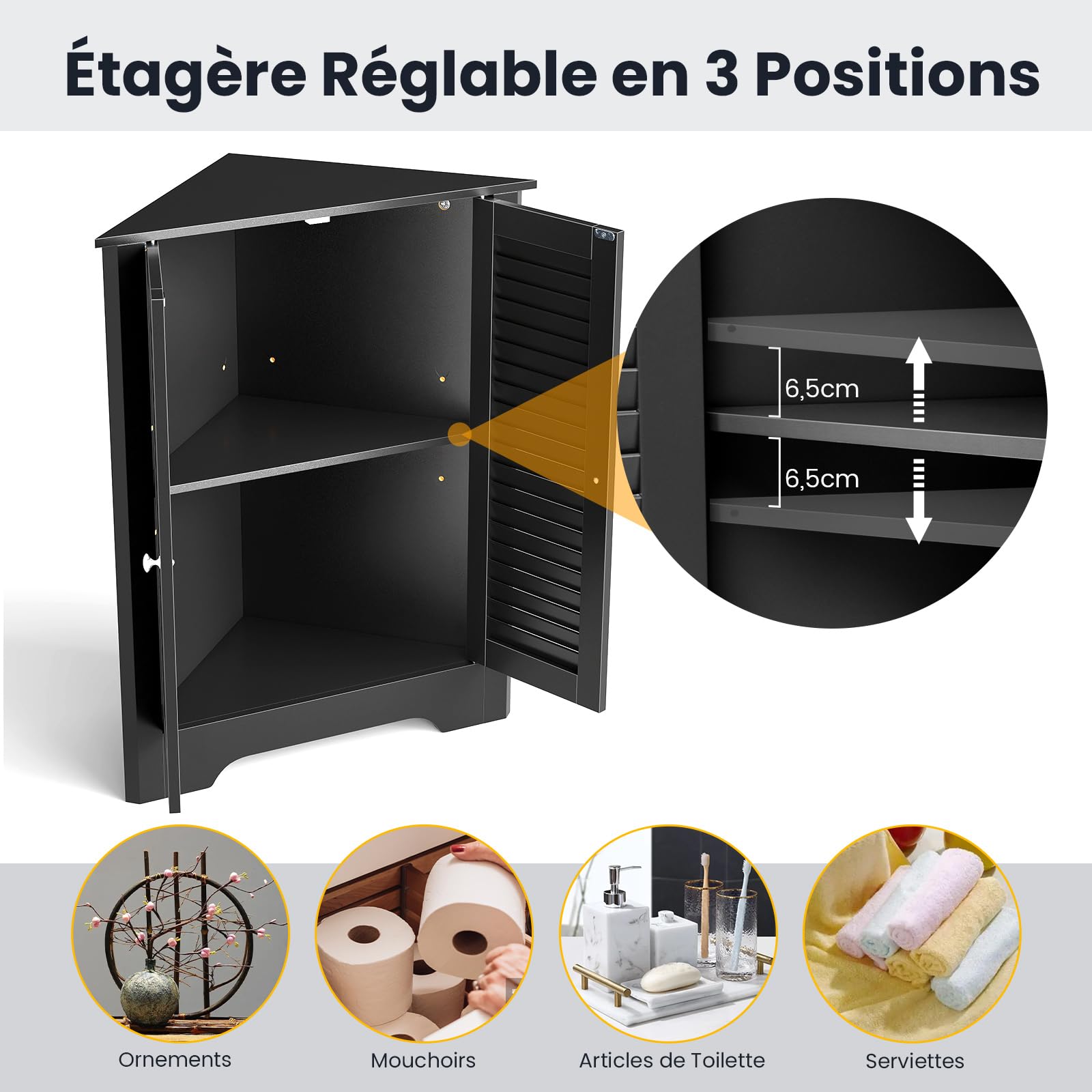 COSTWAY Meuble d'angle, avec 2 Portes et Étagère Réglable, Meuble de Rangement Autoportant pour Salle de Bain, Entrée, Salon, Chambre (Noir)