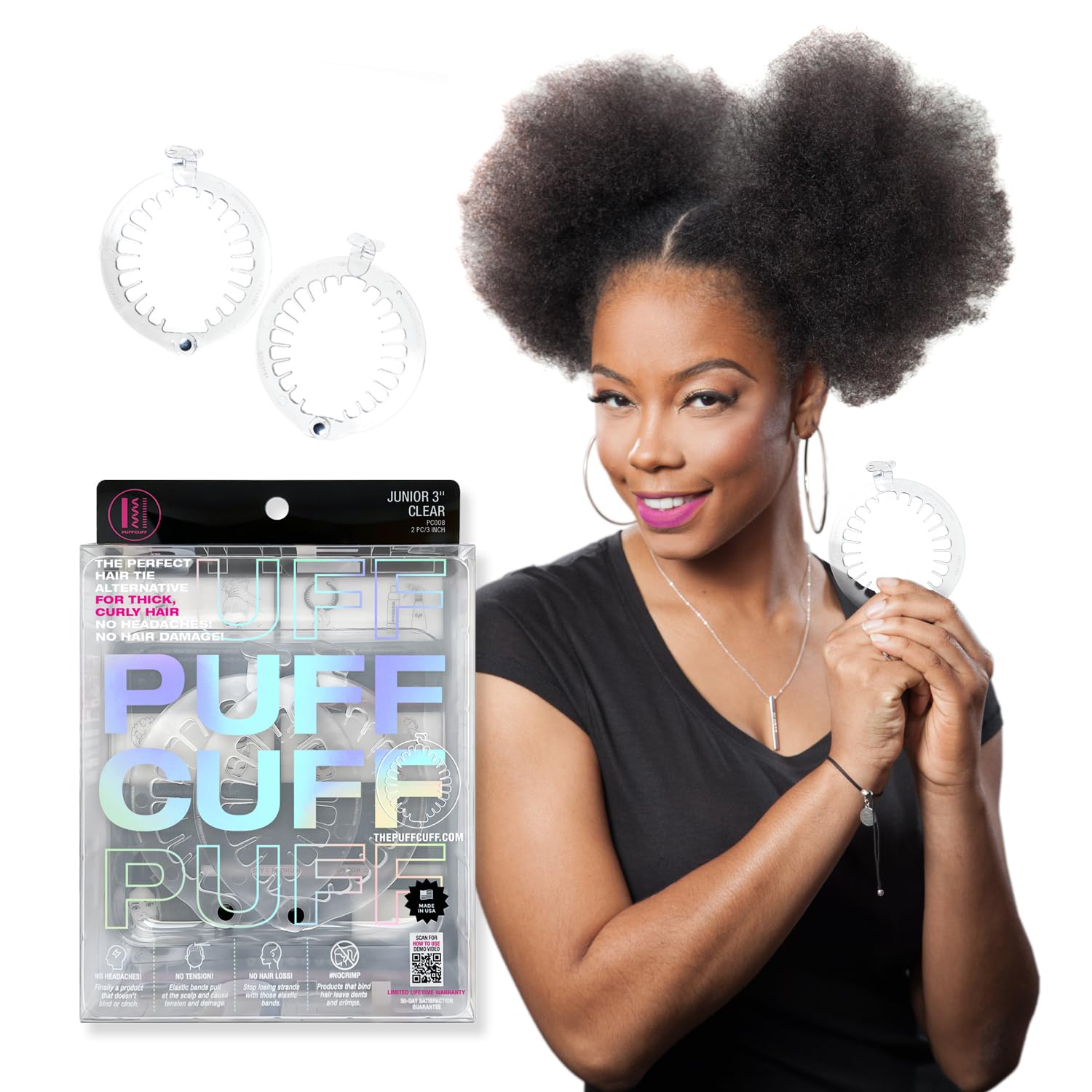 PuffCuff Junior 3" Hair Clamp, For All Natural Curly, Thick, Kinky, Textured, Locs, or Braided Hair, Painless, Damage-Free Styling Tool Made Specifically for Big Hair, Clear, 2 Pieces