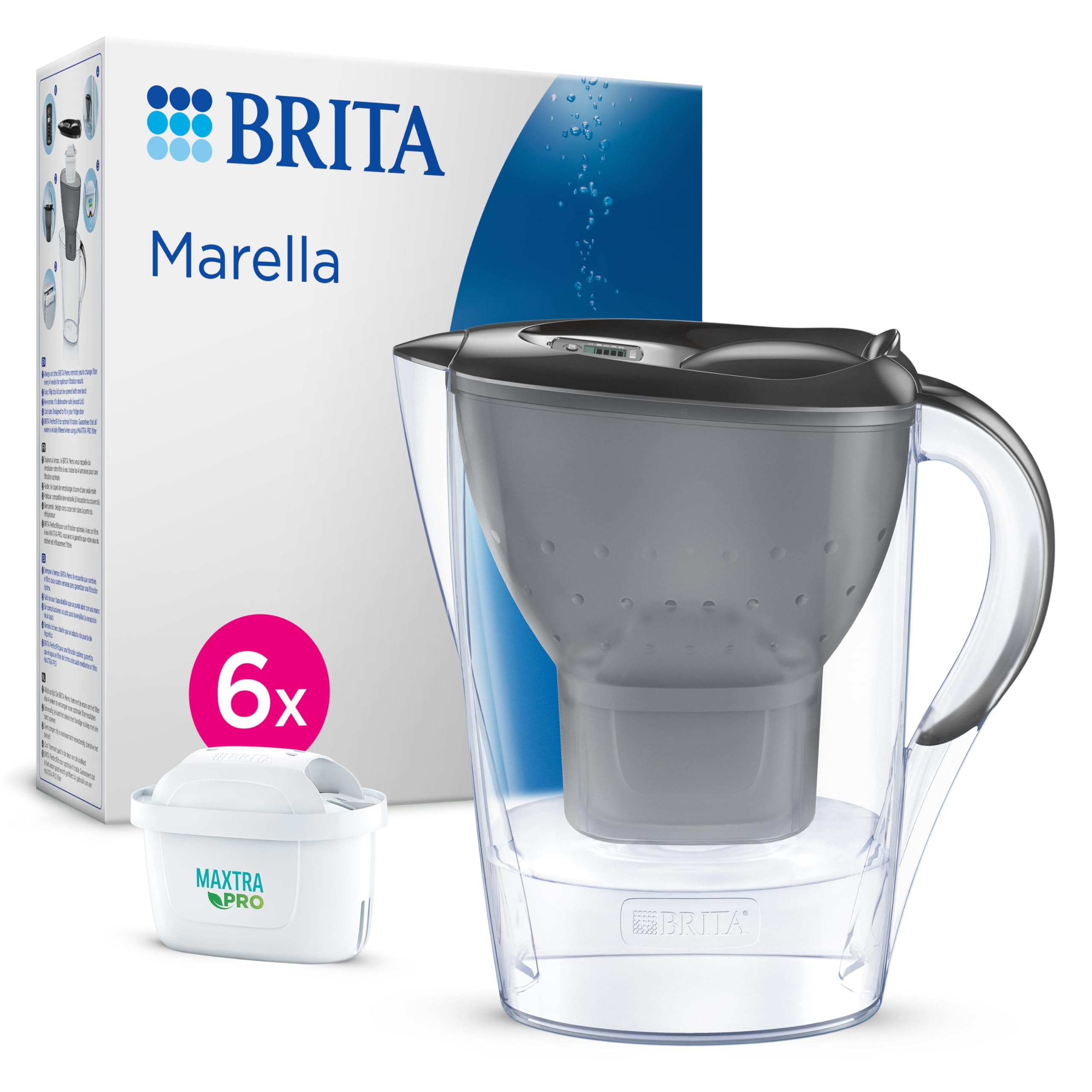 BRITA Carafe Filtrante Marella Graphite (2,4l) incl 6 cartouches filtrantes eau robinet MAXTRA PRO All-in-1 réduit PFAS, calcaire, chlore, certaines impuretés et métaux indicateur temporel