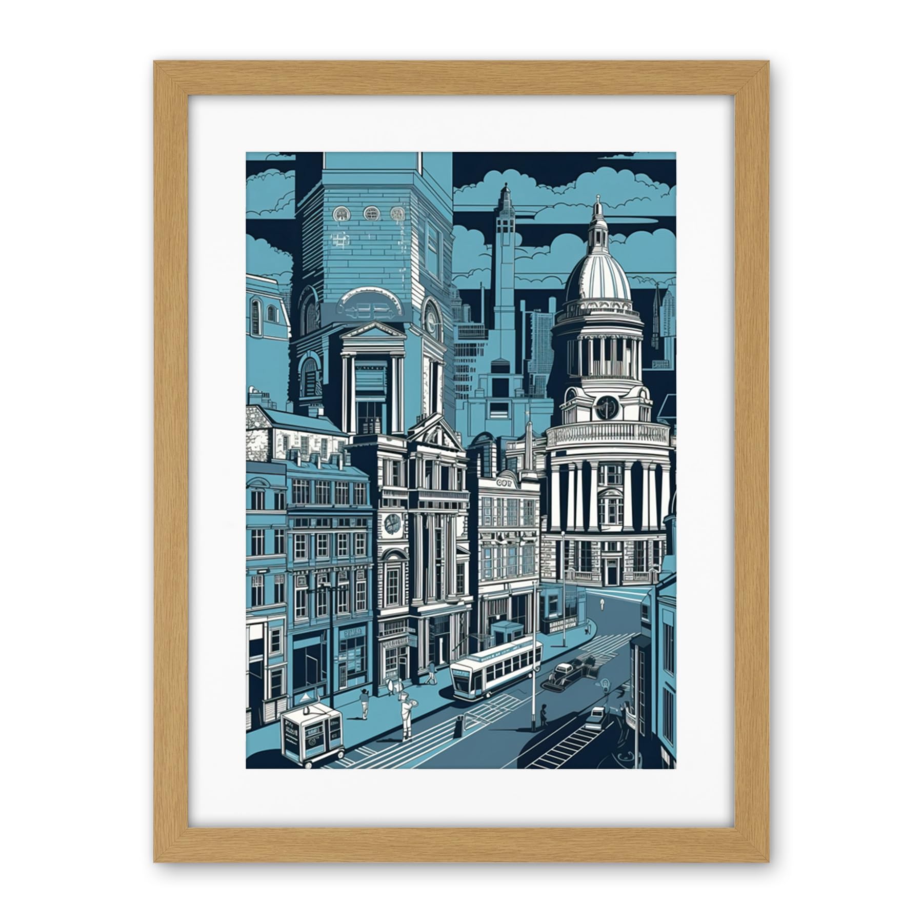 Artery8 Belfast Cityscape City Centre Hall Linocut Style Artwork Framed Wall Art Print 18X24 Inch