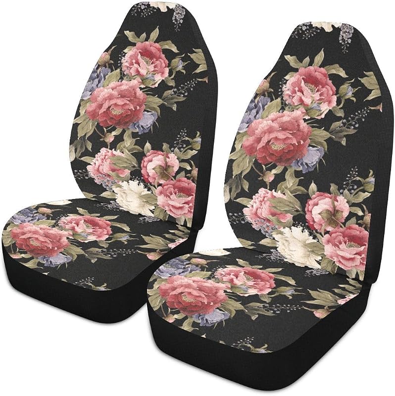 Capas para Banco Dianteiro de Carro com Estampa Floral Vintage Escura em Aquarela LONSANT Rosa e Preto, Conjunto com 2