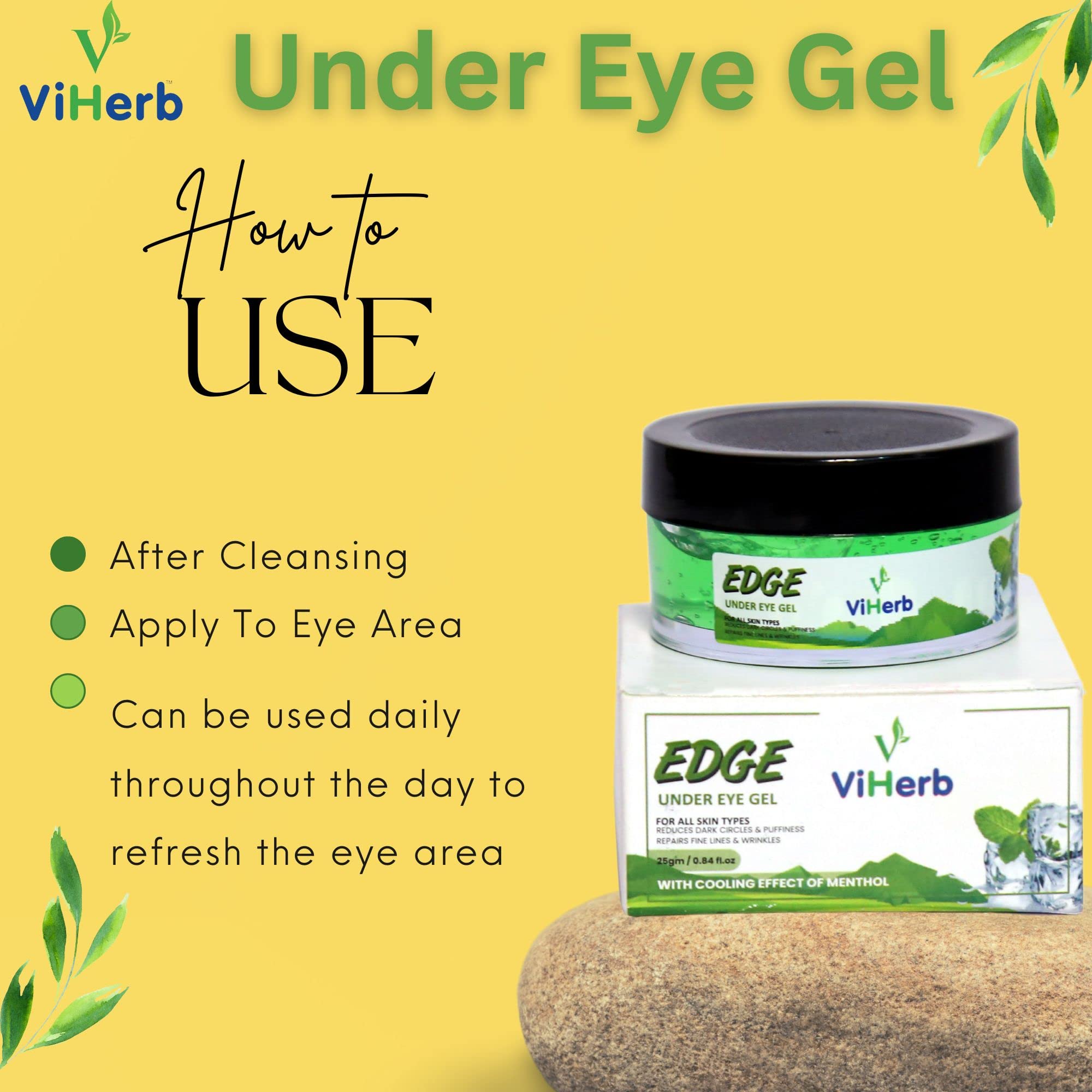 VIHERB Edge Under Eye Natural Gel for All Skin Types with Cooling Effect of Menthol | Men and Women | Reduces Dark Circles | Puffiness | Repair Fine Lines & Wrinkles | No Parabens & Sulphates - 25gram 1