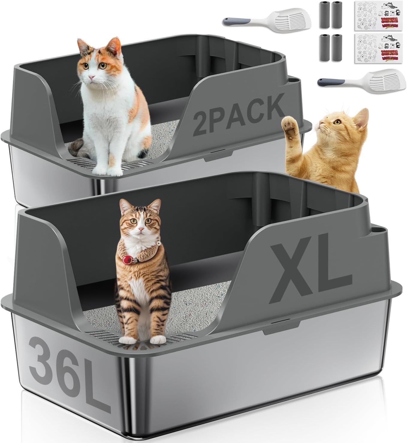 2 Pack Non-Stick Stainless Steel Litter Box, XL Side Opening Splash-Proof & Leak-Proof Seamless Seal, Ellenpent, Odor-Free & Easy Clean, Includes 2 Scoops &Trash Bag*4 & Sticker, Gray