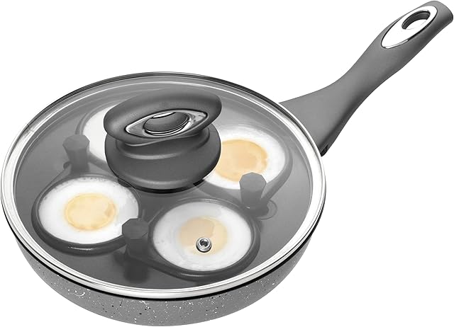 Salter BW05391 Marblestone The Complete Non-Stick Pan with 4 Poacher Cups, for Scrambled/Fried/Poached Eggs, Induction Suitable, Tempered Glass Lid, Soft Touch Handle, Pressed Aluminium, Grey