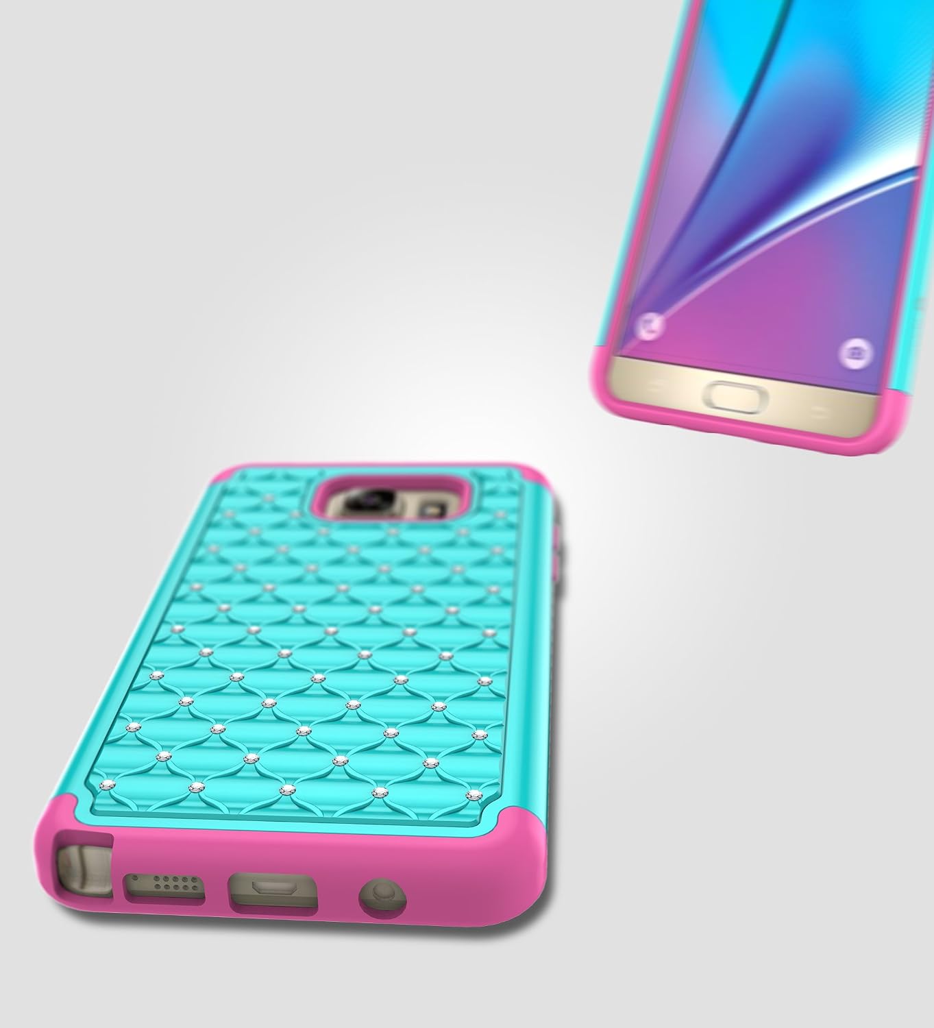 Style4U Galaxy Note 5 Case, Galaxy Note 5 Studded Rhinestone Crystal Bling Hybrid Armor Case Cover for Samsung Galaxy Note 5 with 1 Stylus [Teal/Hot Pink]