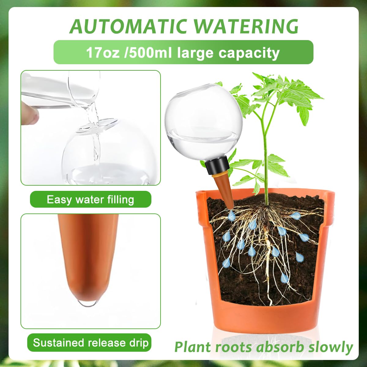 Lot de 6 Boules D'Irrigation pour Plant, 500ml Globe D'Arrosage Plant Automatique Transparent, Boule Arrosage Plante, Dispositif D'Arrosage pour JardinièRes, Maison, Intérieur et Extérieur