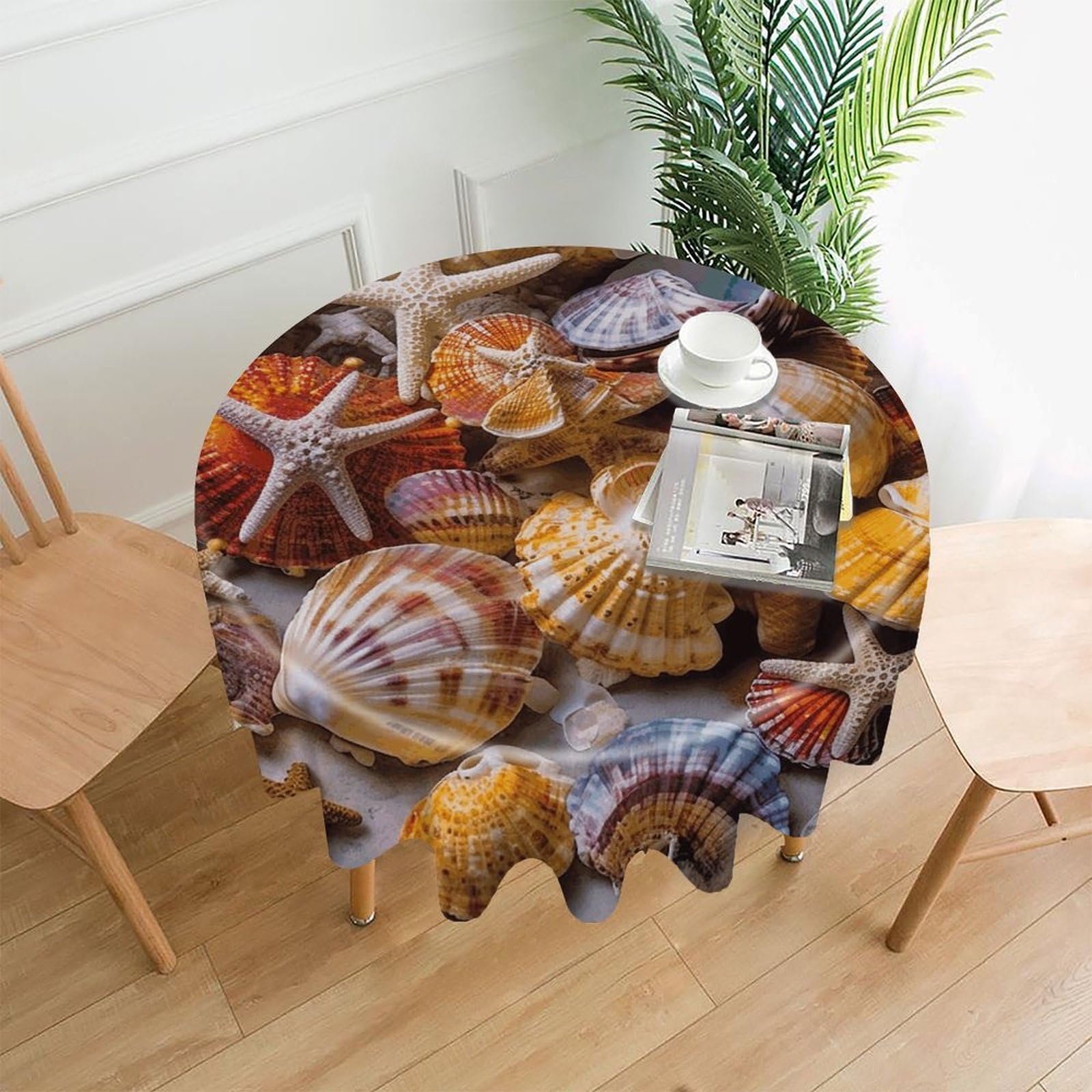 LZQPOEAS Sea Shell Treasures Tablecloth Decorative Round Table Cloth Wrinkle Resistant Round Tablecloth Washable Circle Table Cover for Kitchen Dining Party Wedding Camping 60 Inch