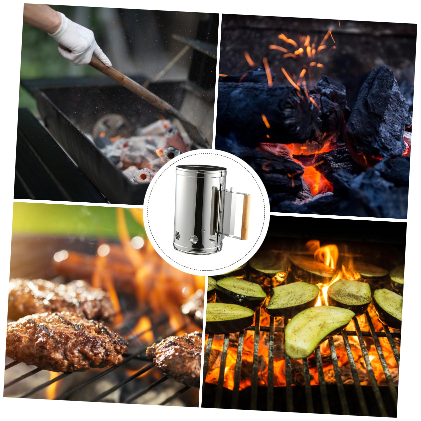 Abaodam Accendifuoco per Griglia a Carbone in Metallo Resistente Manico in Legno, Secchio per Barbecue all’Aperto Fori di Aerazione, Rapido Accenditore per Carbonella Sicuro e Isolato Termicamente