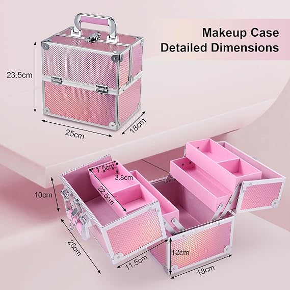 Frenessa Makeup Box Organiser Cosmetics Case Jewellery Organiser Box Vanity Case Pink Make Up Storage Beauty Case Lockable with Keys
