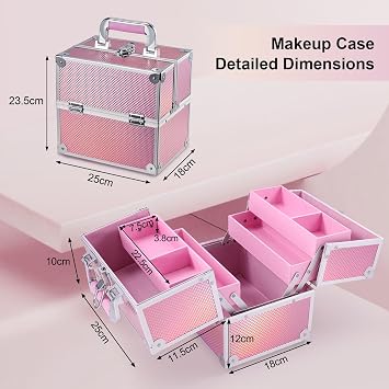 Frenessa Makeup Box Organiser Cosmetics Case Jewellery Organiser Box Vanity Case Pink Make Up Storage Beauty Case Lockable with Keys