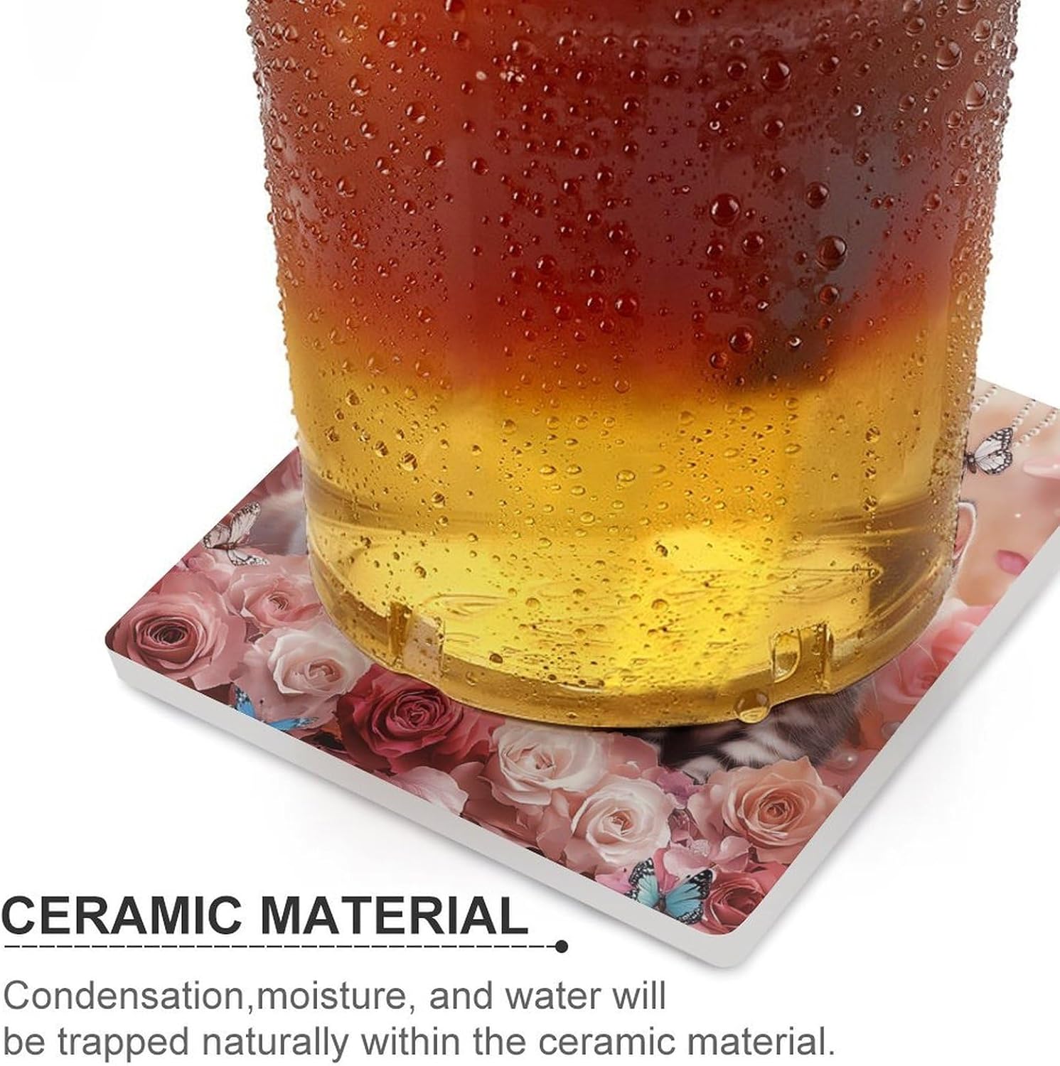 Cute Cat Kitty Ceramic Coasters Set Square Drink Coasters Table Coaster for Kitchen Desktop Decor