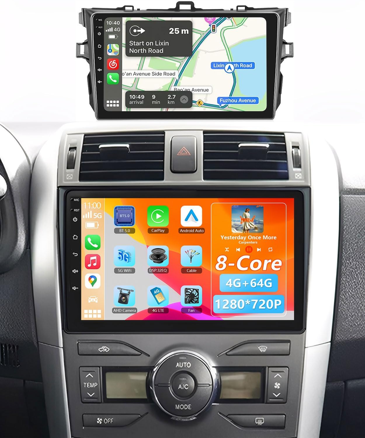 8Core 4G+64G Car Radio for Toyota Corolla 2008 2009 2010 2011 2012 2013, Car Stereo Carplay Android auto 9 Inch Touchscreen GPS 4G-WiFi BT/FM/RDS EQ Backup Camera