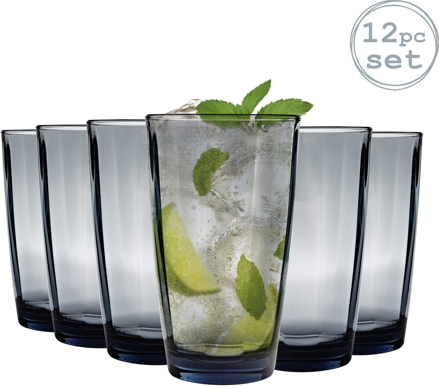 Bormioli Rocco Pulsar Ridged Highball Cocktail Glasses Set - 470ml - Blue - Pack of 12