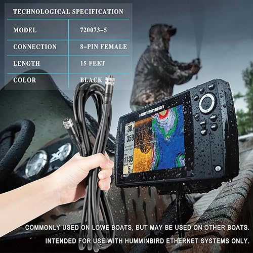 Miniatura 5 de 720073-5 Cable Ethernet de repuesto para barco Humminbird 720073-5 de 15 pies, compatible con todos los modelos Helix 15, Helix 12, Helix 10, Helix
