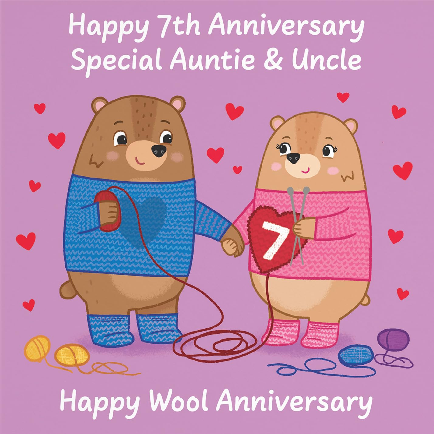 Hunts England, Auntie And Uncle 7th Anniversary Card, Wool Anniversary, Seventh Anniversary, 7 Years, Cute Fun Bears Card - Image 2