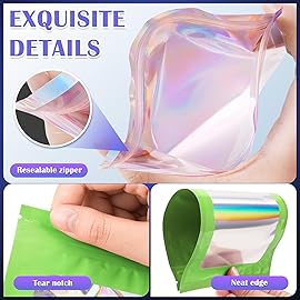 JETMORE 100 Pcs Mylar Bags, Smell Proof Bags Foil Pouch, Holographic Resealable Bags for Small Business, Candy Sample Jewelry Bag Sealable Packaging for Party Favor Food Storage (2.8x3.9in-Green)