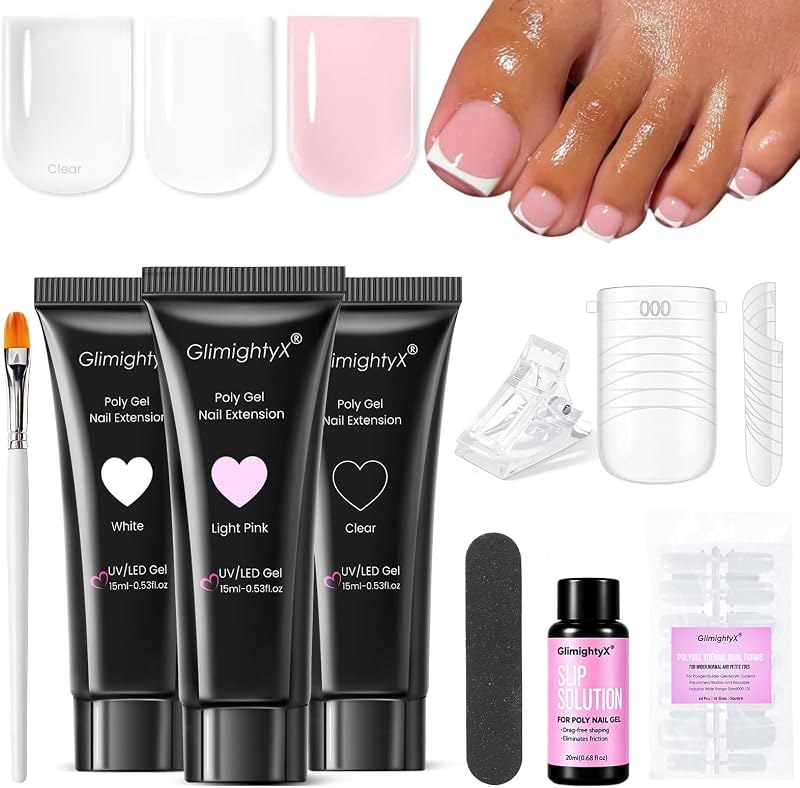 GliightyX Polygel Kit de uñas para pies, rosa blanco transparente con formas de uñas dobles para dedos | Kit básico, sin Hema ni Tpo, 16 tamaños de formas de uñas de los pies reutilizables, apto para principiantes, con clips de cepillo para solución deslizante, kit de uñas para los pies