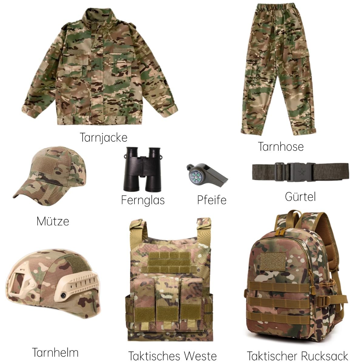Kinder-Taktische Militärausrüstungsset für Rollenspiele, Soldaten-Tarnuniform inklusive Westen, Rucksack, Helm und Fernglas