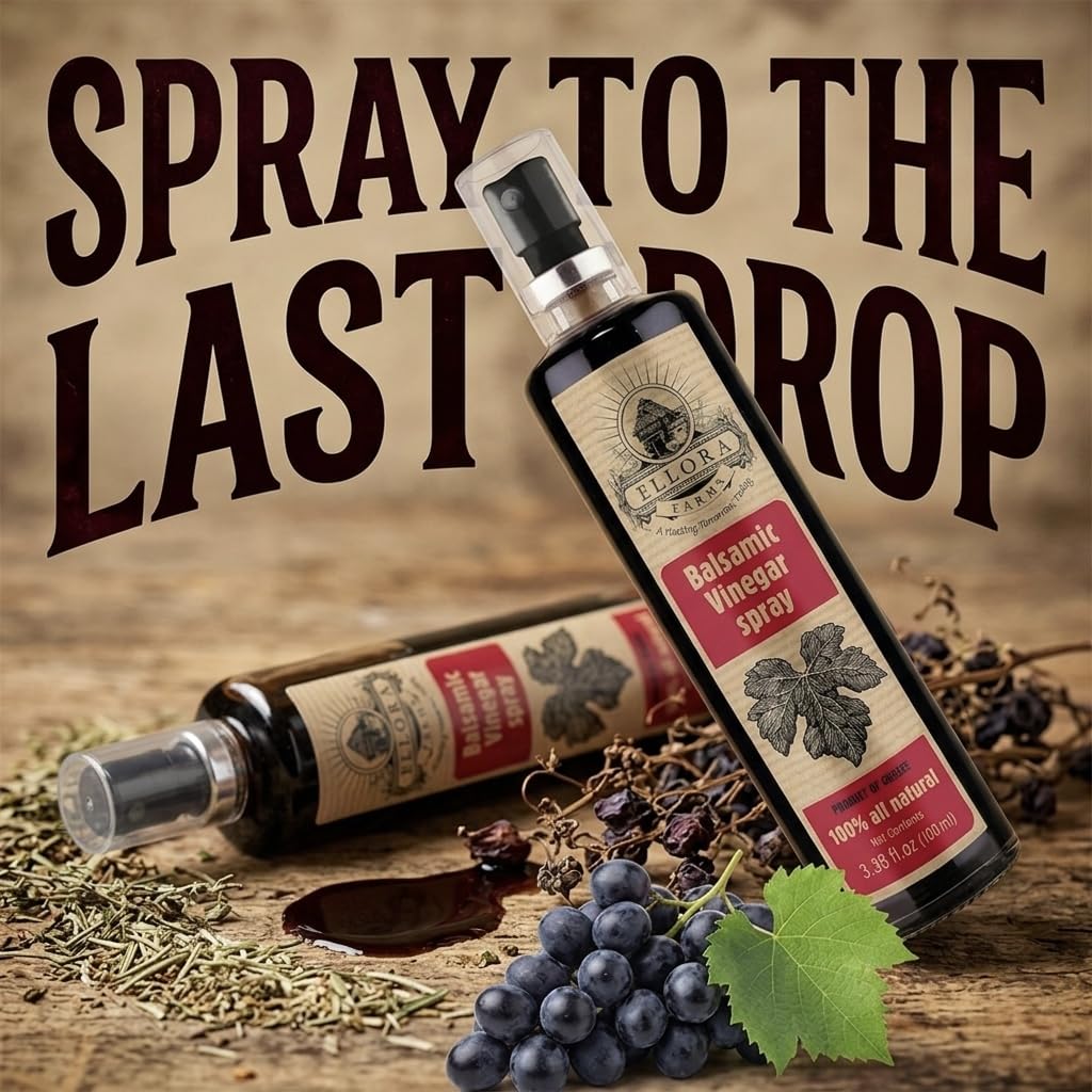Ellora Farms, Balsamic Vinegar Spray bottle, clog-free pump, barrel aged, Greece, 3.38 oz X 2 Glass bottles in Handcrafted Wooden Gift Box
